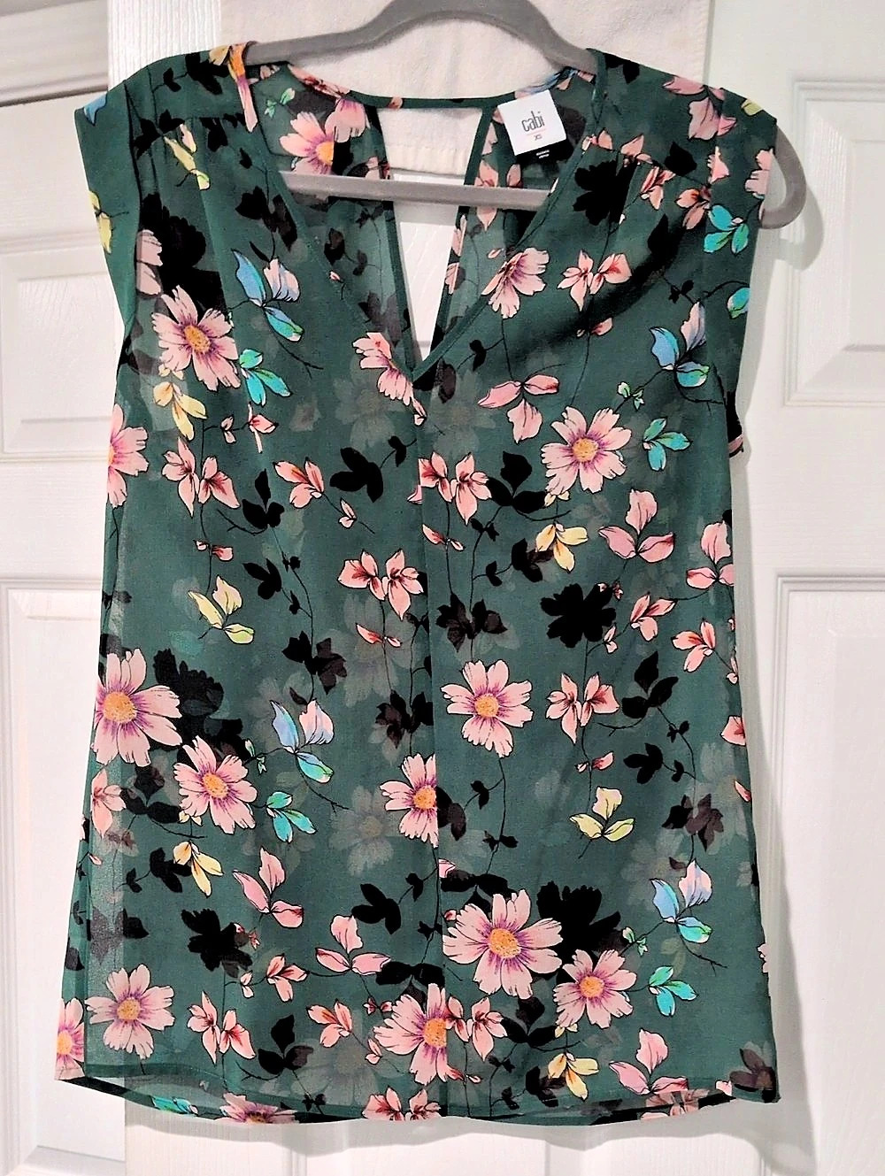 cabi Green Floral Shadow Blouse Green & Pink XS